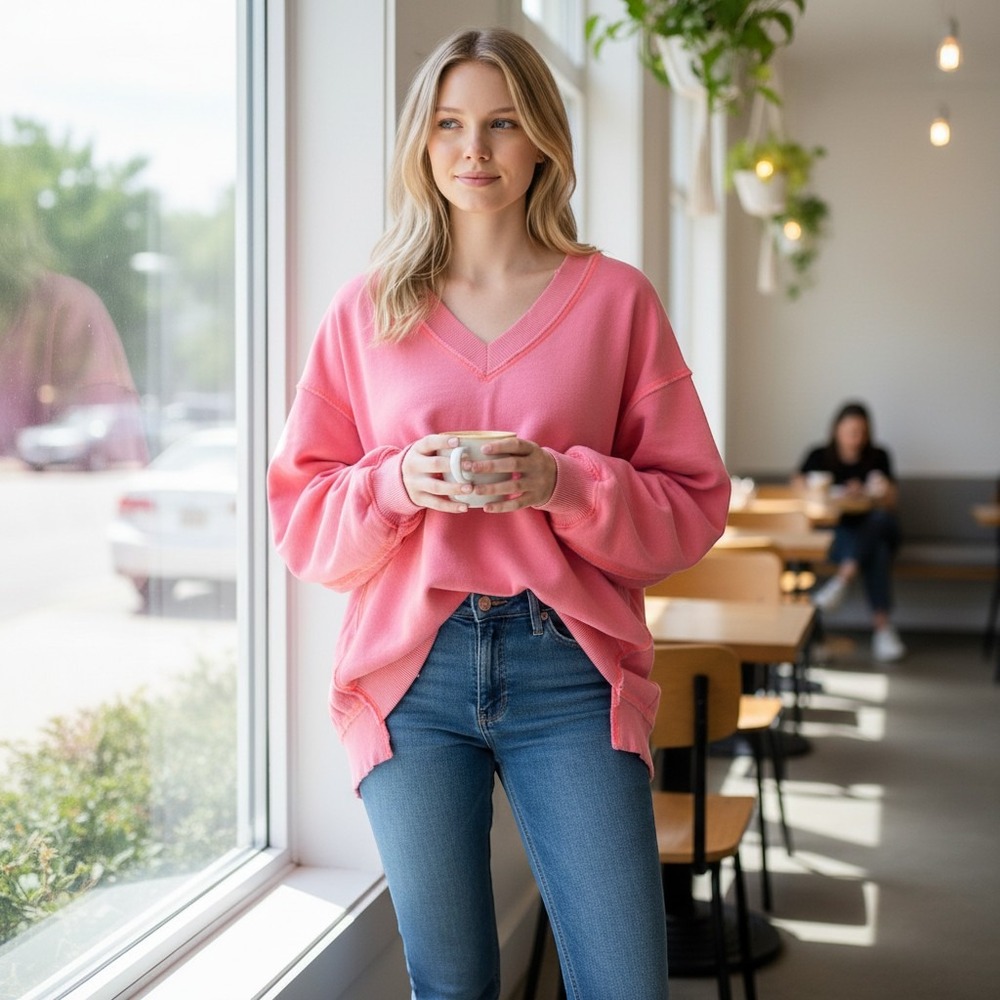 Aerie Women XS Pink V-Neck Oversized Vacay everyday V-Neck sweatshirt Cozy